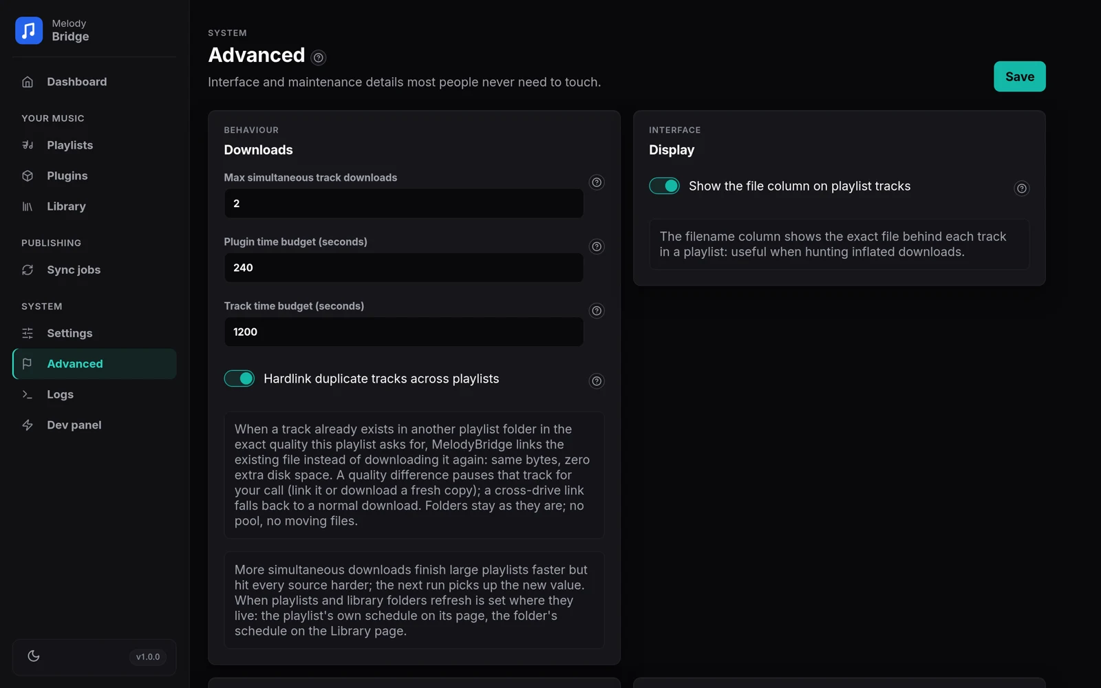 Advanced page with download, display, logging and maintenance options