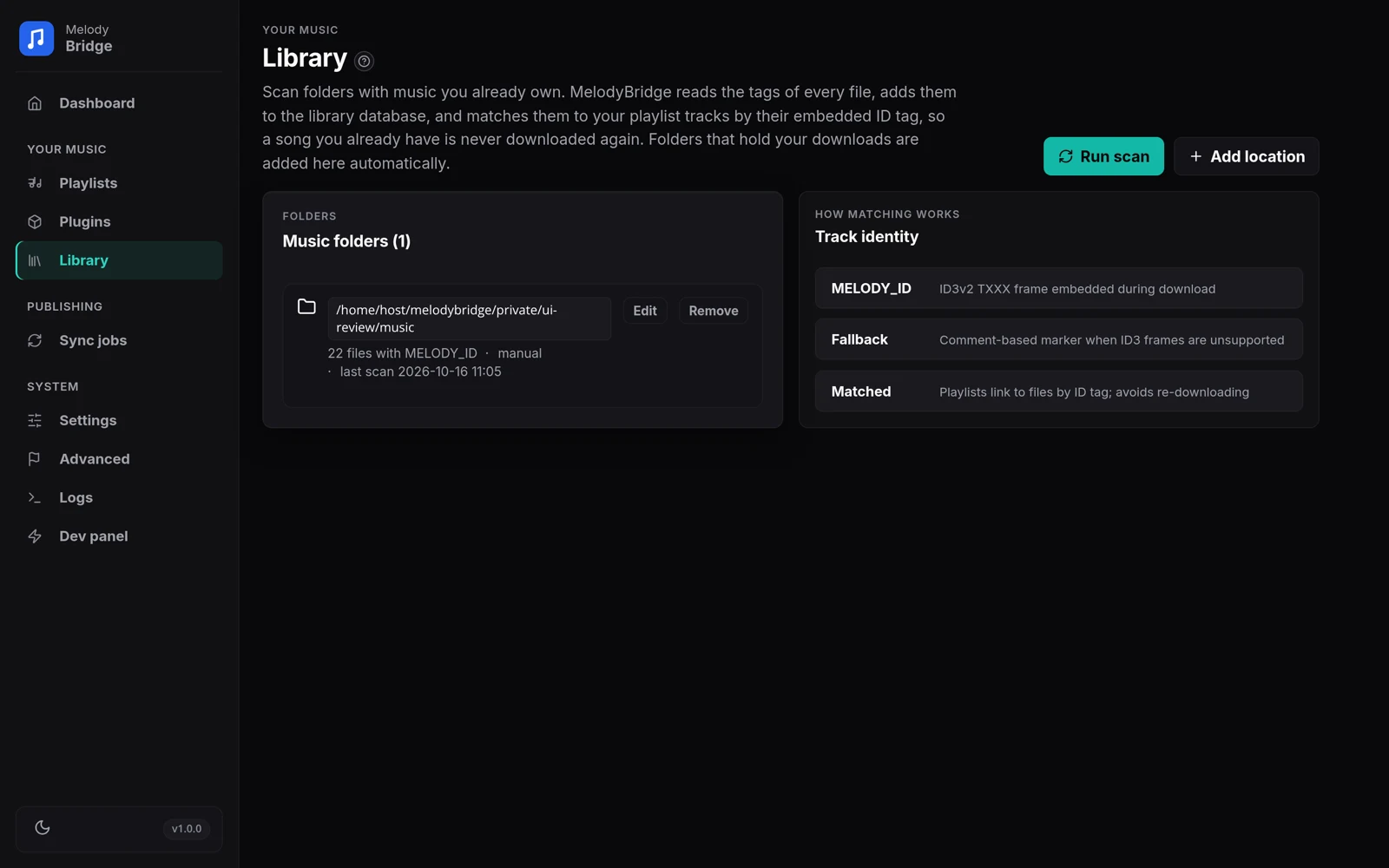 Library page with scan folders and the track identity panel
