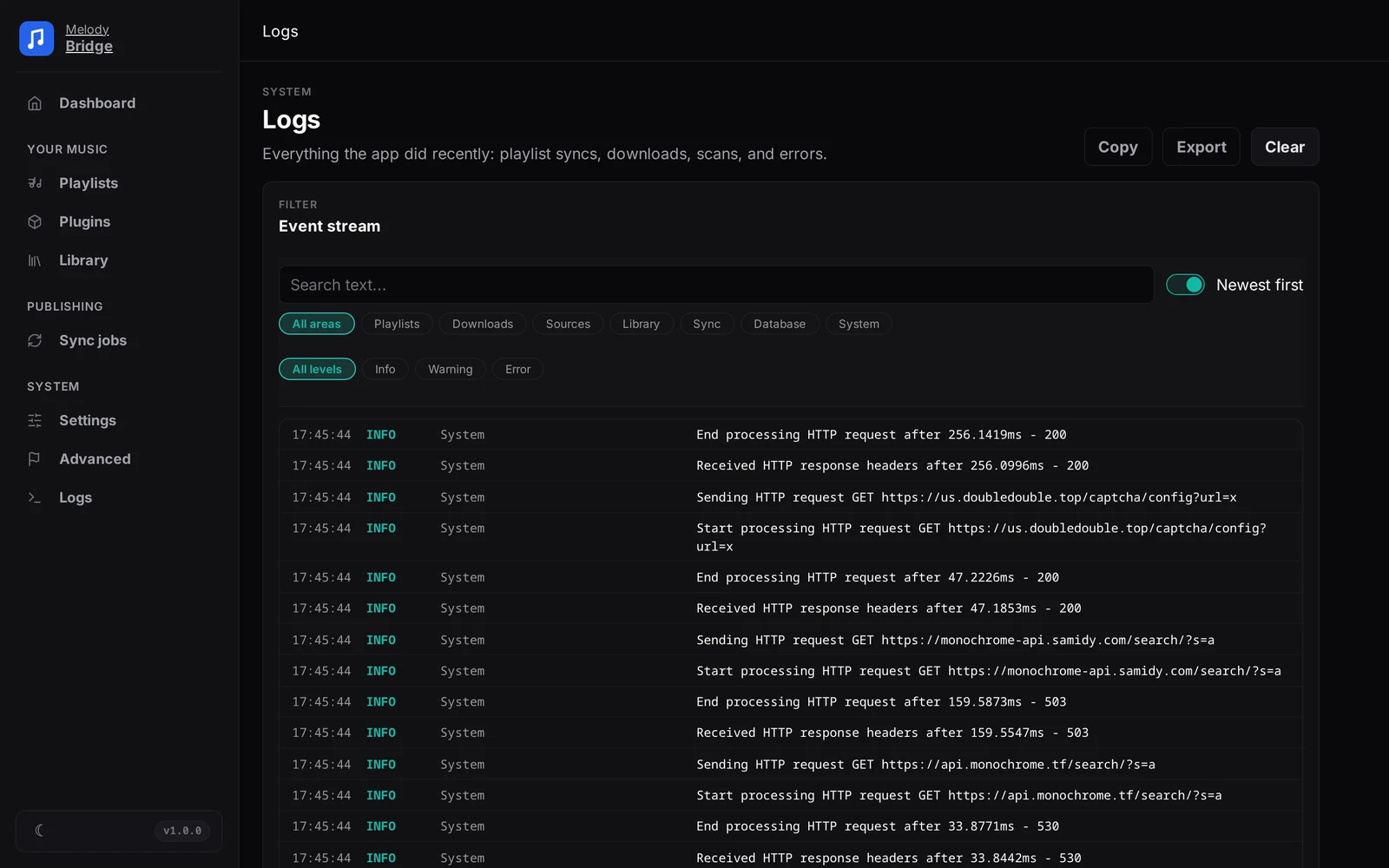 Logs page with the filterable event stream