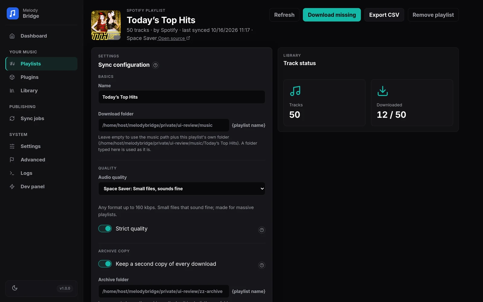 Playlist details page with a hint box counting two open quality decisions