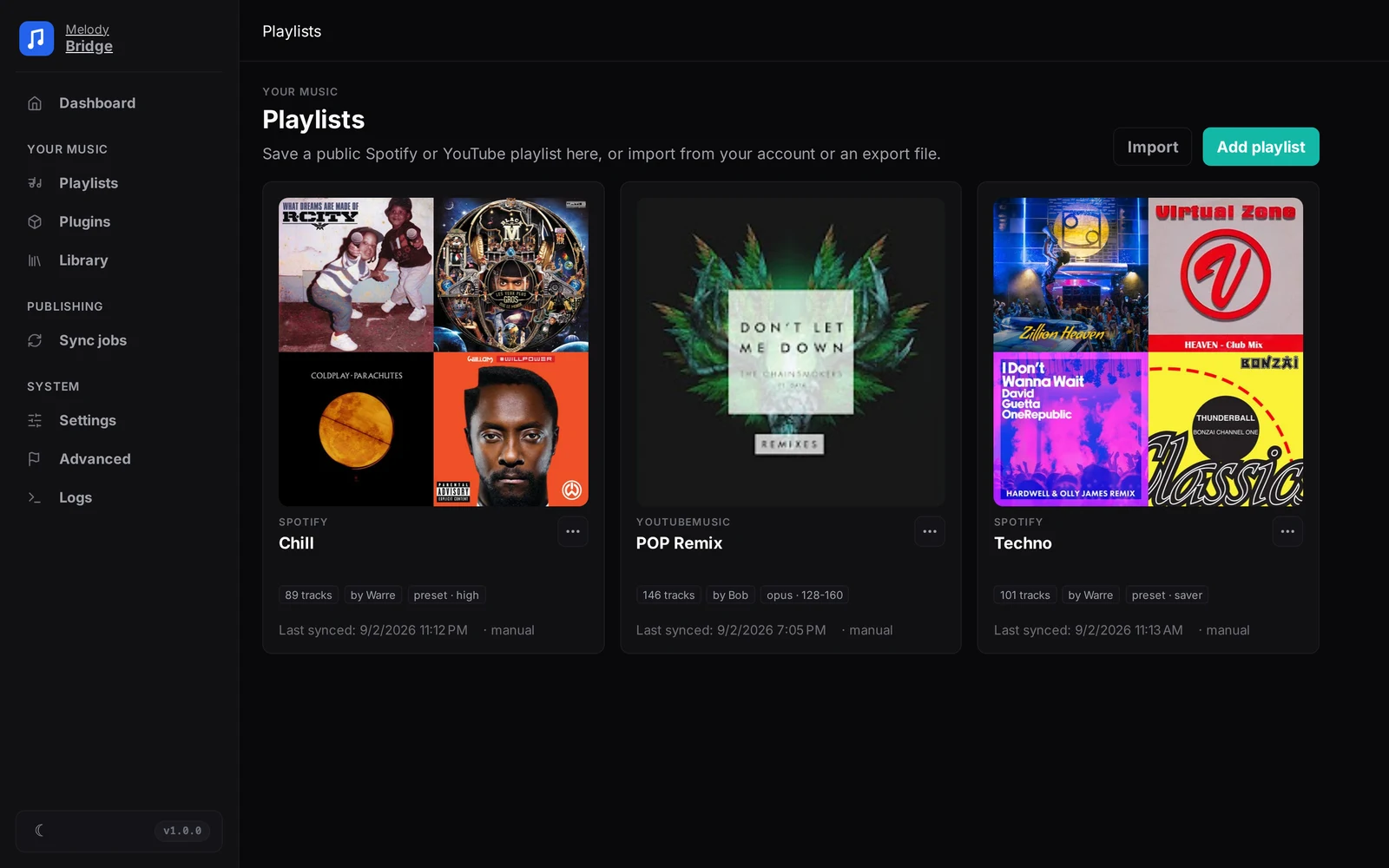 Playlists page with playlist cards