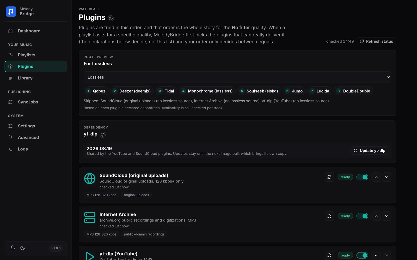 Plugins page with the route preview, waterfall order and capability badges