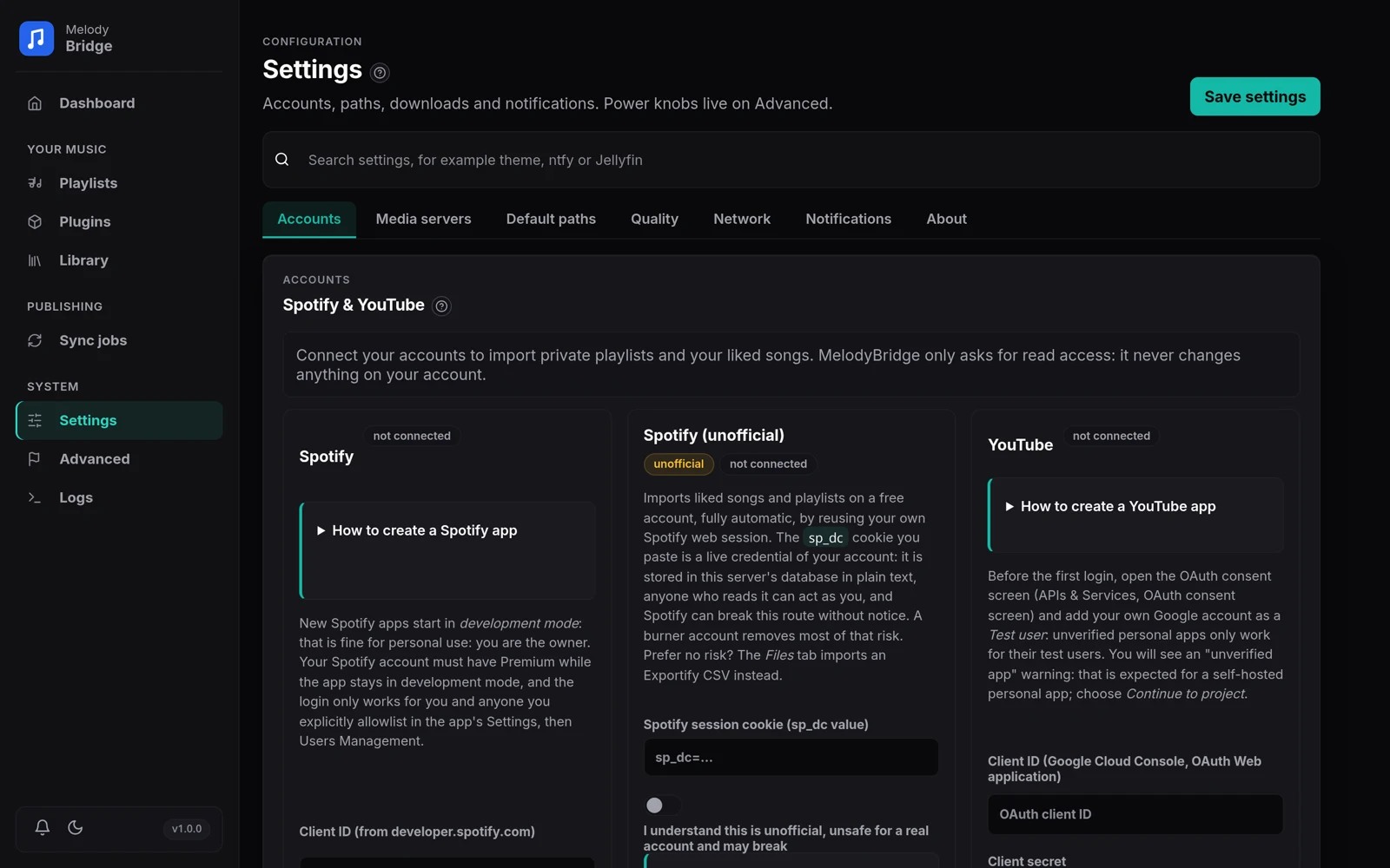 Settings page with its seven tabs