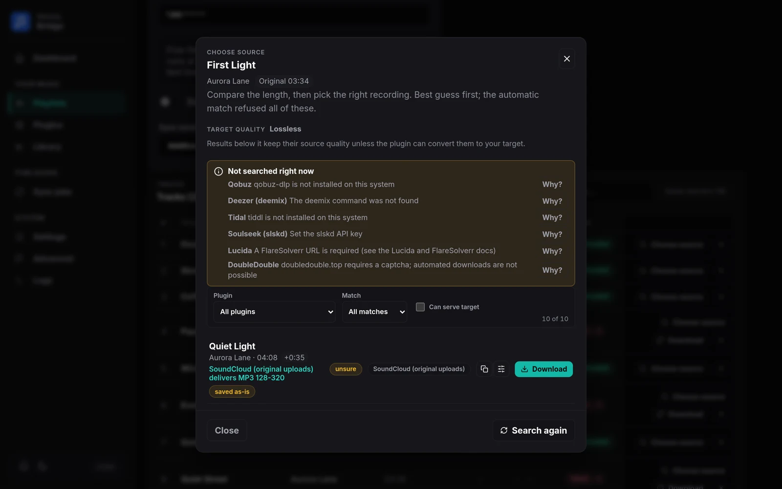 Choose source dialog with filters, exact quality facts and target match pills
