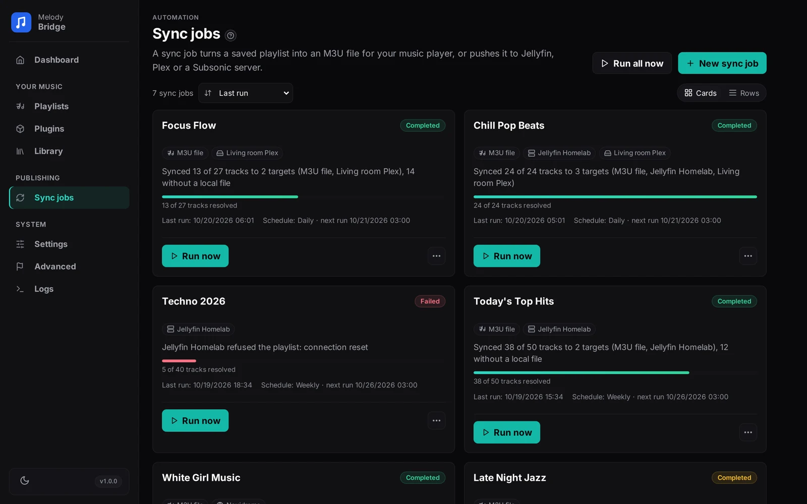 Sync jobs page with job cards and the five step wizard